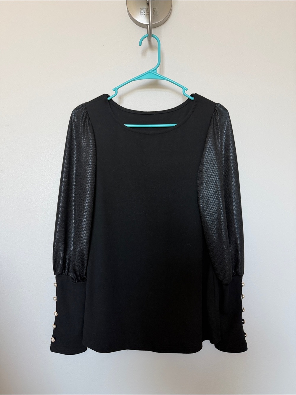 Black Long-Sleeve Puff Dress with Pearl Cuff Buttons